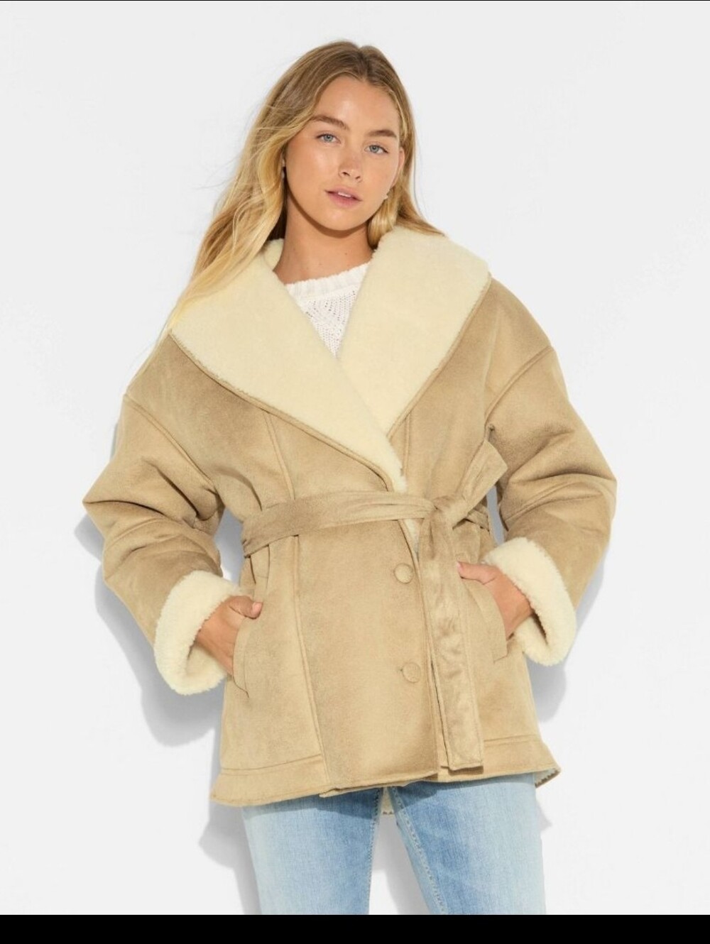Wild Fable Women Shawl Collar Shearling Coat Tan Size M